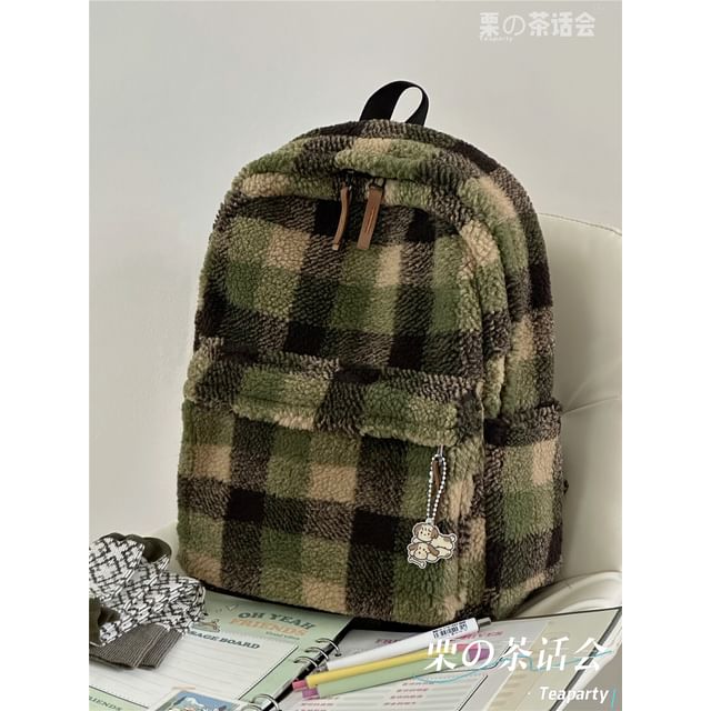 faux Shearling Plaid Backpack / Charm / Set SpreePicky