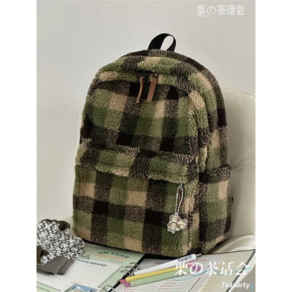 faux Shearling Plaid Backpack / Charm / Set SpreePicky