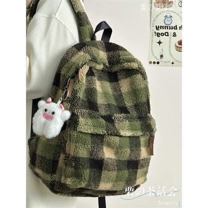 faux Shearling Plaid Backpack / Charm / Set SpreePicky