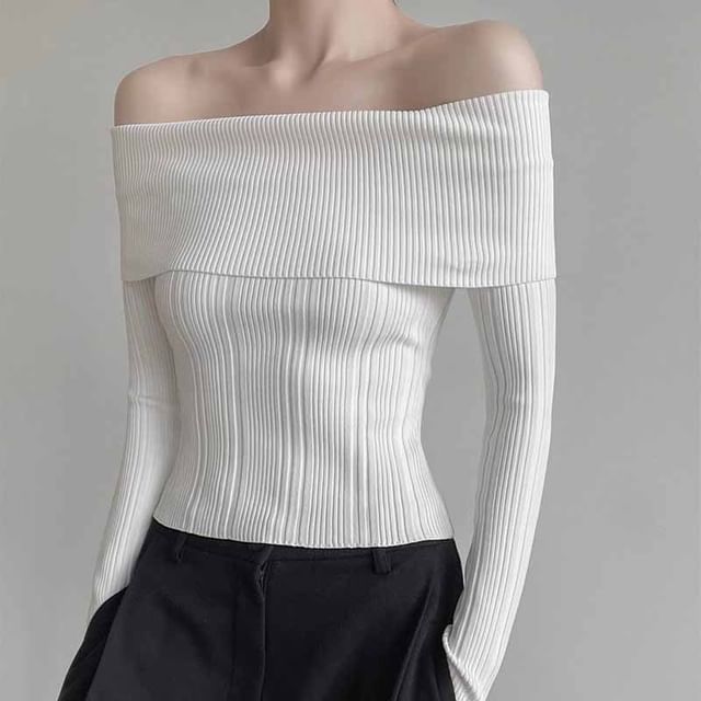 Plain Off Shoulder Ribbed Sweater SpreePicky