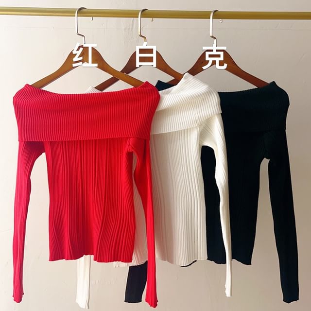 Plain Off Shoulder Ribbed Sweater SpreePicky