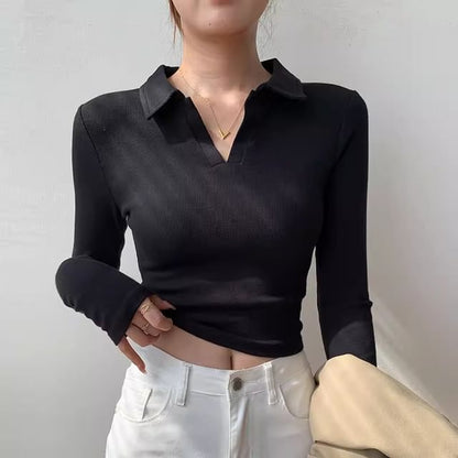 V-Neck Plain Cropped Knit Top SpreePicky