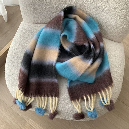 Striped Pom Pom Fringed Scarf SpreePicky