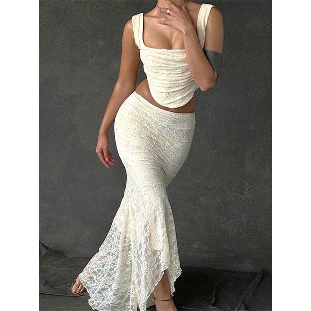 / Mermaid Plain Crop Skirt Tank Top Lace High Neck Maxi Waist Square FashionChic