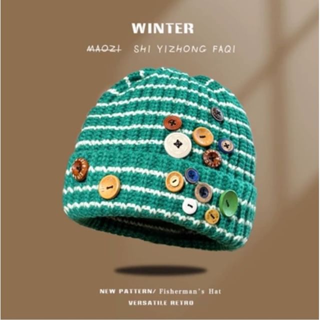 Button Striped Beanie SpreePicky