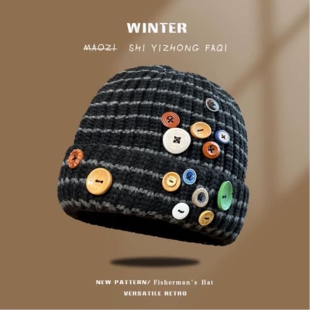 Button Striped Beanie SpreePicky