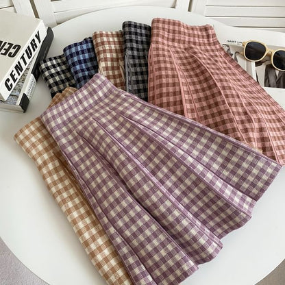 High Waist Plaid Pleated Mini A-Line Knit Skirt mySite