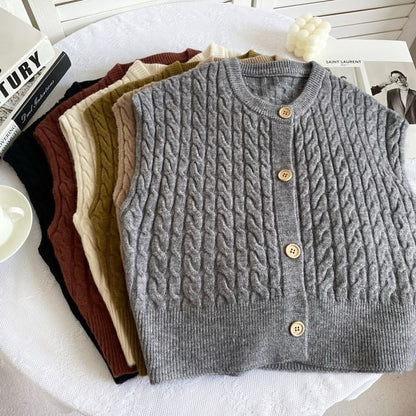 Crew Neck Plain Cable Knit Button Sweater Vest mySite