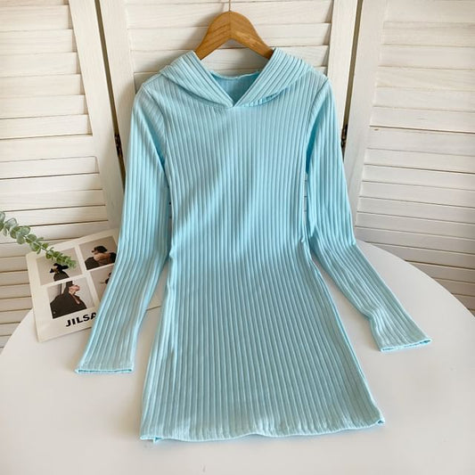 Long-Sleeve Plain Hooded Knit Sheath Dress mySite