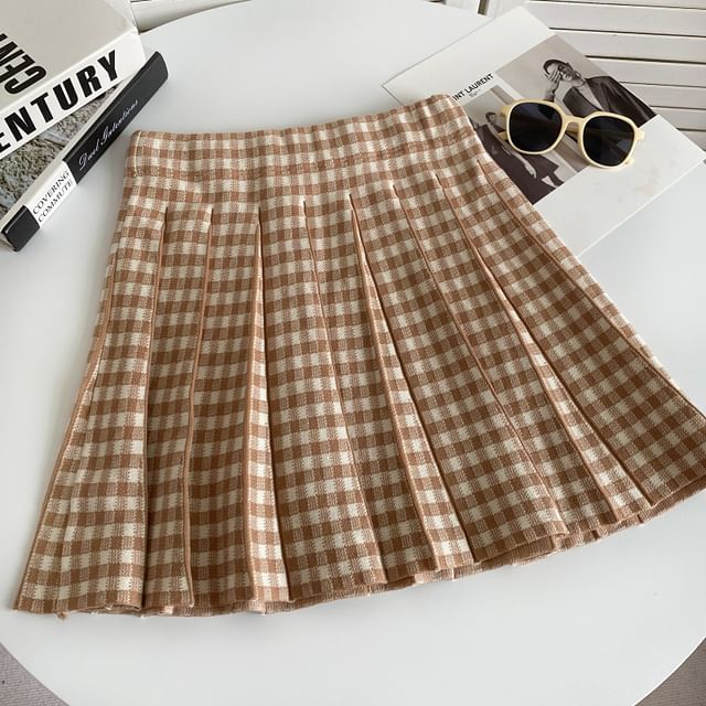 High Waist Plaid Pleated Mini A-Line Knit Skirt mySite