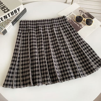 High Waist Plaid Pleated Mini A-Line Knit Skirt mySite