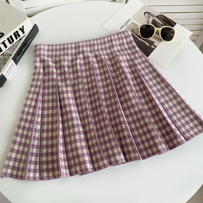 High Waist Plaid Pleated Mini A-Line Knit Skirt mySite