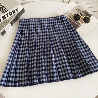 High Waist Plaid Pleated Mini A-Line Knit Skirt mySite