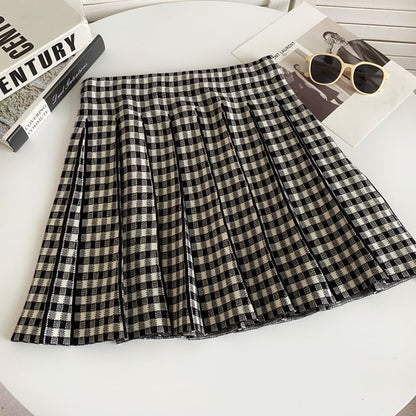 High Waist Plaid Pleated Mini A-Line Knit Skirt mySite