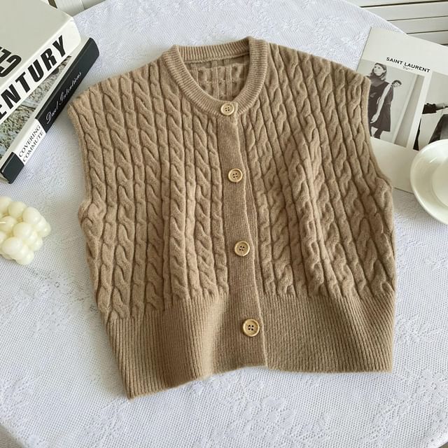 Crew Neck Plain Cable Knit Button Sweater Vest mySite