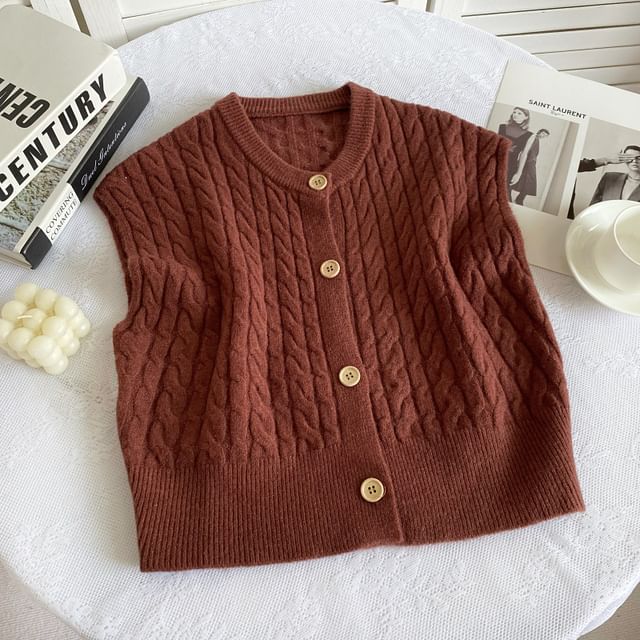 Crew Neck Plain Cable Knit Button Sweater Vest mySite