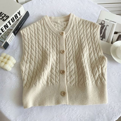 Crew Neck Plain Cable Knit Button Sweater Vest mySite