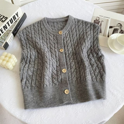 Crew Neck Plain Cable Knit Button Sweater Vest mySite