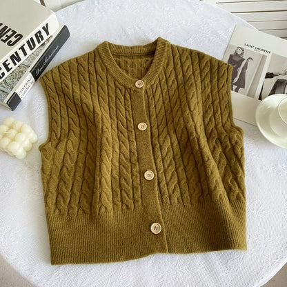 Crew Neck Plain Cable Knit Button Sweater Vest mySite