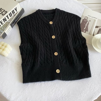 Crew Neck Plain Cable Knit Button Sweater Vest mySite