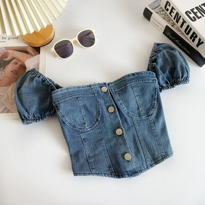 Puff-Sleeve Washed Denim Button Crop Top mySite