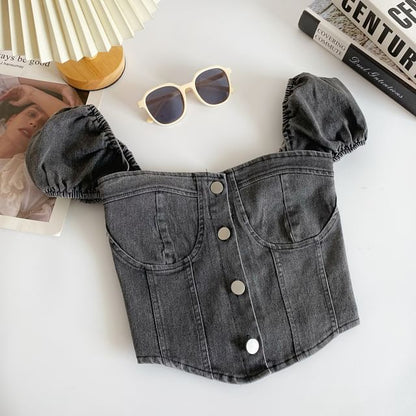 Puff-Sleeve Washed Denim Button Crop Top mySite