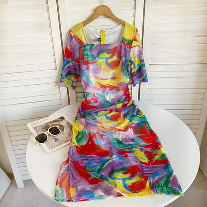 Short-Sleeve Square Neck Tie Dye Ruched Slit Midi Sheath Dress mySite