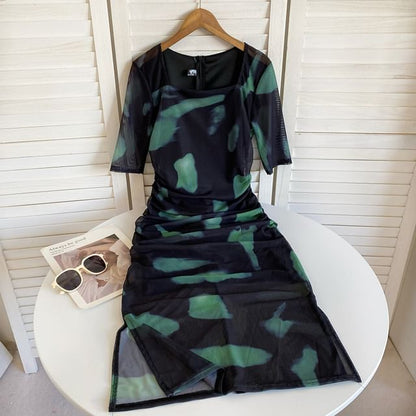 Short-Sleeve Square Neck Tie Dye Ruched Slit Midi Sheath Dress mySite