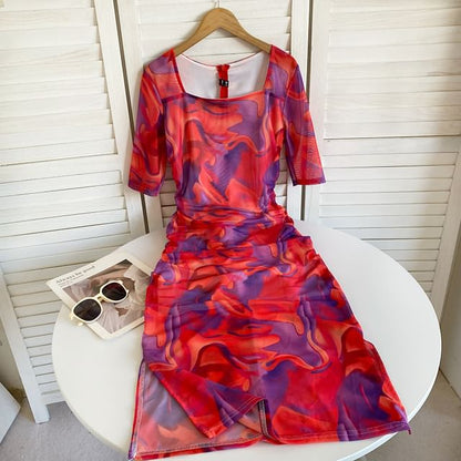 Short-Sleeve Square Neck Tie Dye Ruched Slit Midi Sheath Dress mySite