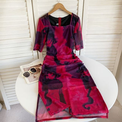 Short-Sleeve Square Neck Tie Dye Ruched Slit Midi Sheath Dress mySite