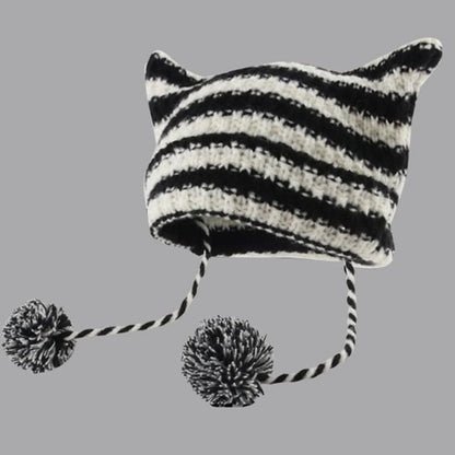 Devil Ear Striped Pom Pom Knit Beanie SpreePicky