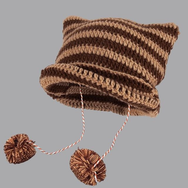 Devil Ear Striped Pom Pom Knit Beanie SpreePicky