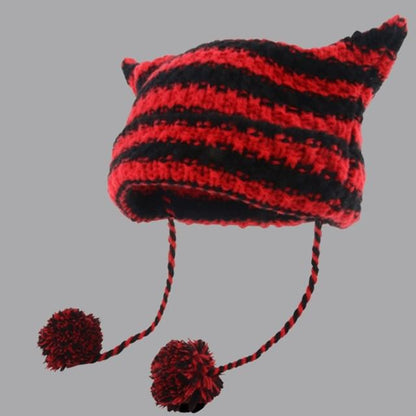 Devil Ear Striped Pom Pom Knit Beanie SpreePicky