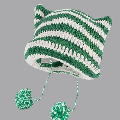 Devil Ear Striped Pom Pom Knit Beanie SpreePicky