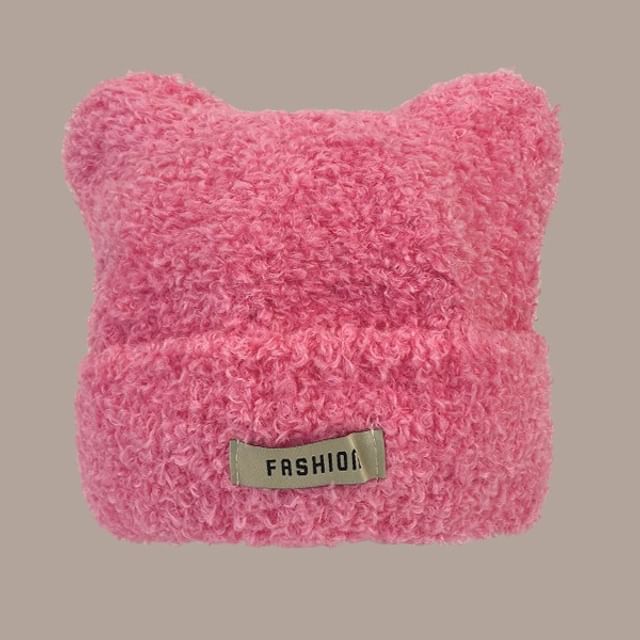 Lettering Applique Cat Ear Chenille Beanie SpreePicky