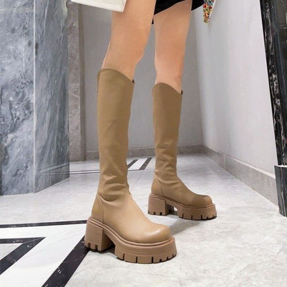 Faux Leather Platform Chunky Heel Tall Boots SpreePicky