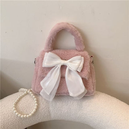 Faux Pearl Strap Fluffy Bow Flap Crossbody Bag SpreePicky