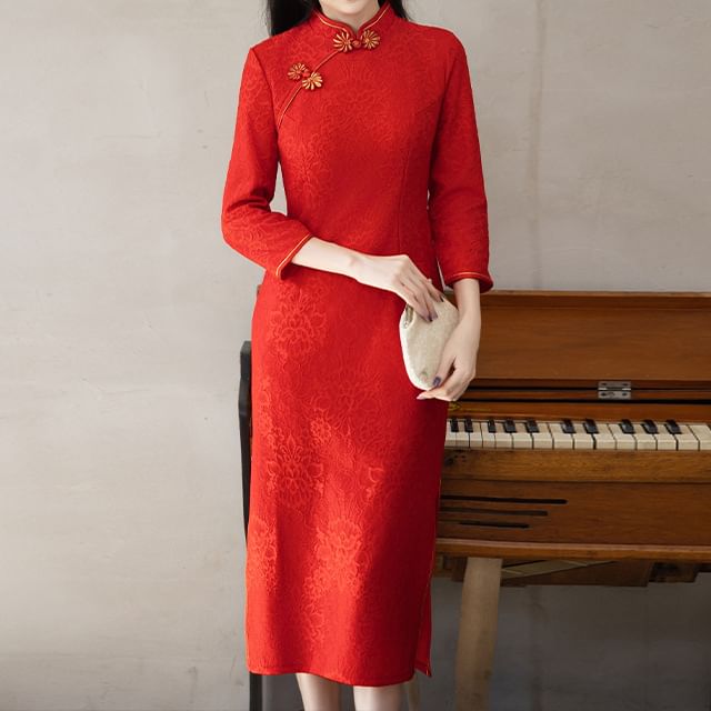 Long-Sleeve Band Collar Plain Midi Qipao SpreePicky