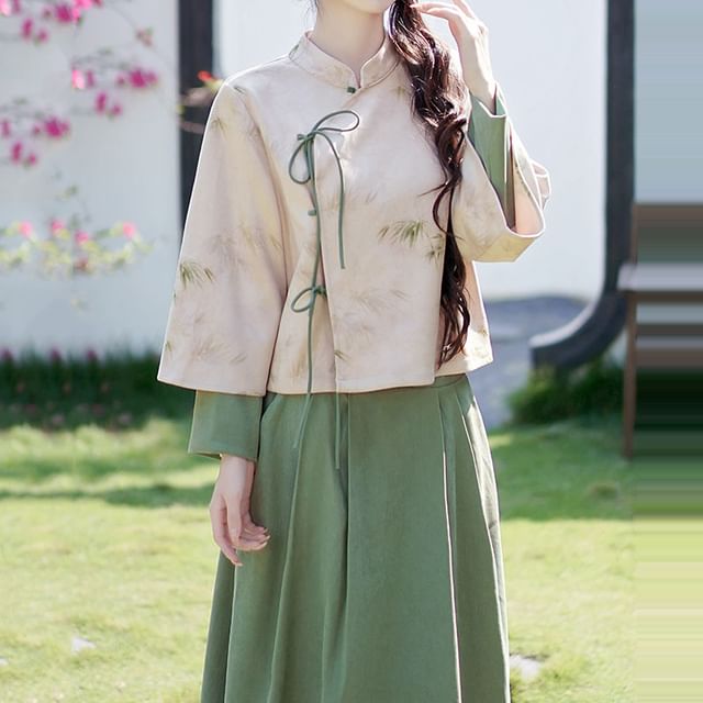 Long-Sleeve Band Collar Bamboo Hanfu Blouse / Mid Rise Plain Midi A-Line Skirt SpreePicky