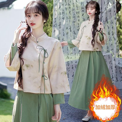 Long-Sleeve Band Collar Bamboo Hanfu Blouse / Mid Rise Plain Midi A-Line Skirt SpreePicky