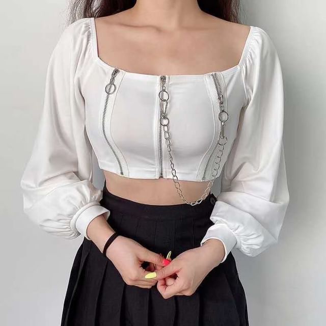 Square-Neck Plain Zip Cropped Top SpreePicky