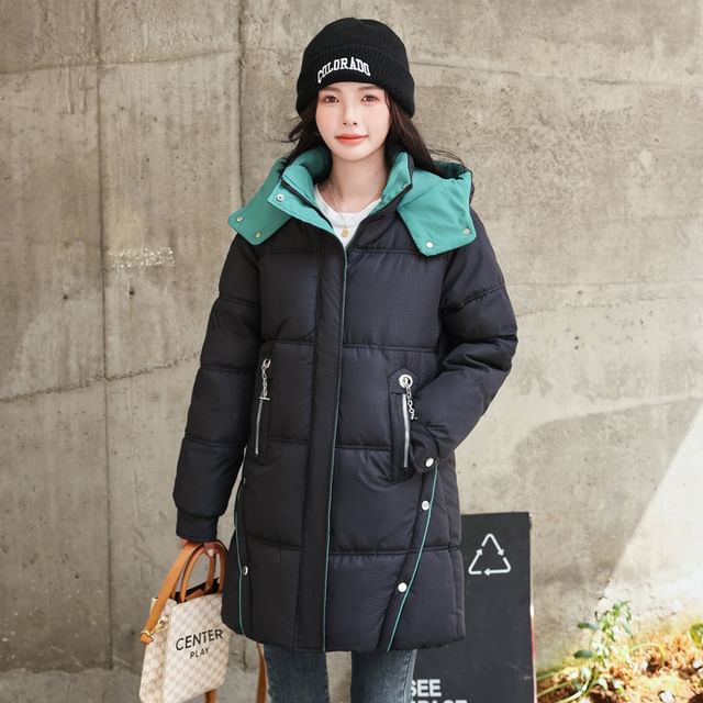 Hooded Two Tone Plain Puffer Coat SpreePicky