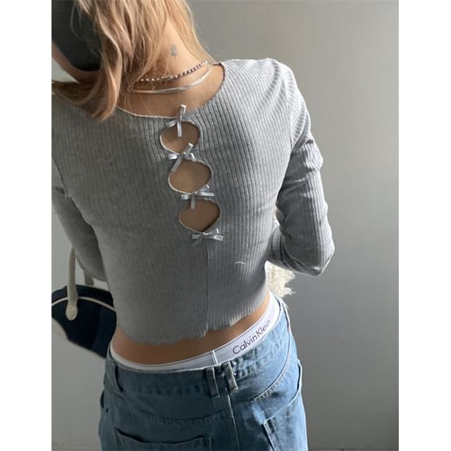 Long-Sleeve Crew Neck Bow Cutout Knit Top SpreePicky