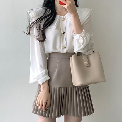 Long-Sleeve Plain Heart Button Blouse / High Waist Accordion Pleated Mini A-Line Skirt SpreePicky