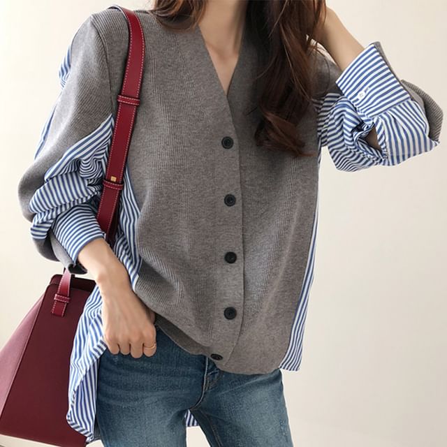 V-Neck Striped Panel Cardigan SpreePicky