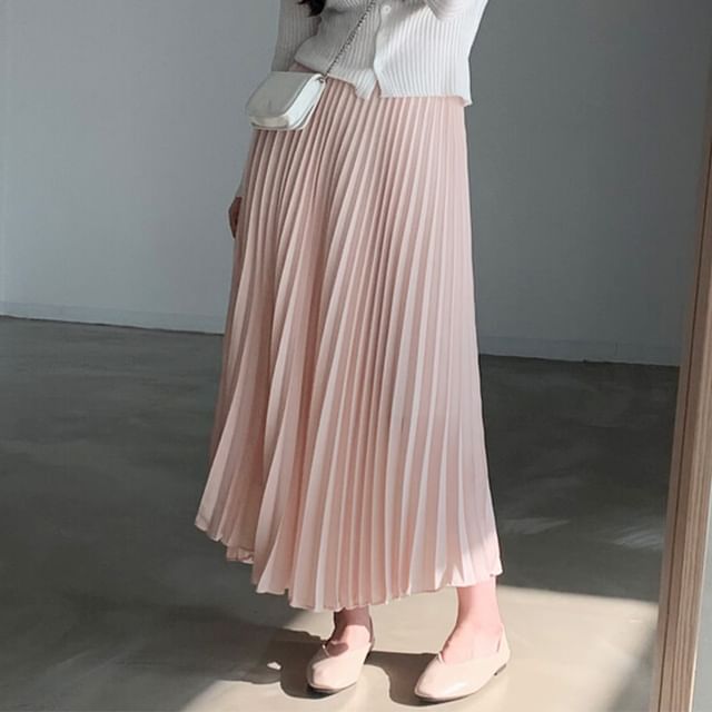 Elastic Waist Plain Accordion Pleated Midi A-Line Skirt SpreePicky