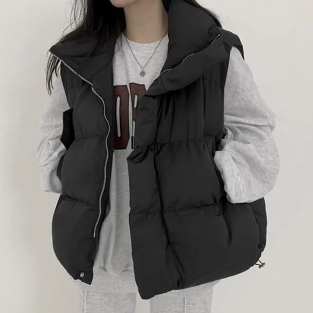 Stand Collar Plain Padded Zip Vest SpreePicky