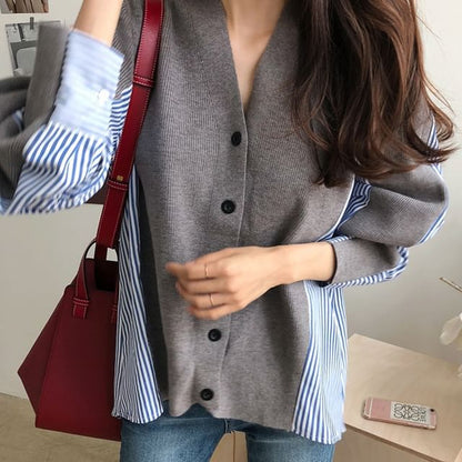 V-Neck Striped Panel Cardigan SpreePicky