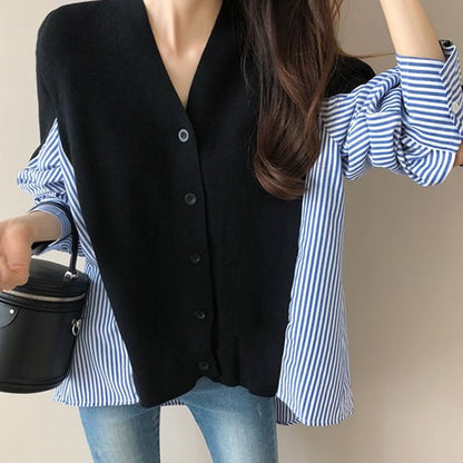 V-Neck Striped Panel Cardigan SpreePicky