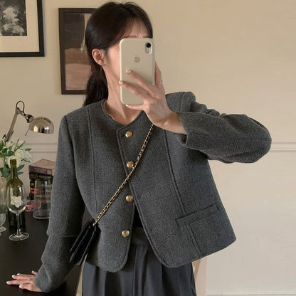 Crew Neck Plain Tweed Button Jacket SpreePicky